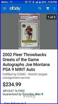 2002 Fleer Throwbacks Greats of the Game Autographs Joe Montana BGS 9/10 on card
