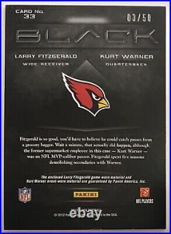 2012 Panini Black Event & Game Worn Dual Patch Kurt Warner Larry Fitzgerald #/50