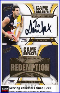 2013 Select AFL Prime Signature Redemption Card GBSR2 Dean Cox (West Coast)