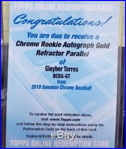 2018 Bowman Chrome Gleyber Torres Gold Rookie Auto Unused Redemption