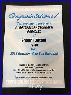 2018 Bowman High Tek Shoehi Ohtani Pyroteknics Autograph Auto Redemption