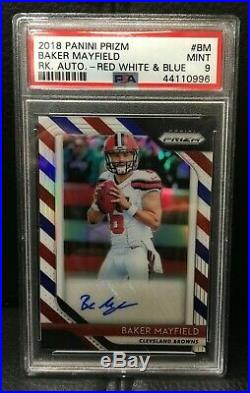2018 Panini Prizm Baker Mayfield Red White & Blue Rookie Auto RC SSP PSA 9 Mint