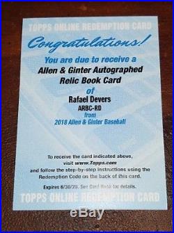 2018 Topps Allen & Ginter RAFAEL DEVERS RC Auto Relic Book Card /10 Redemption