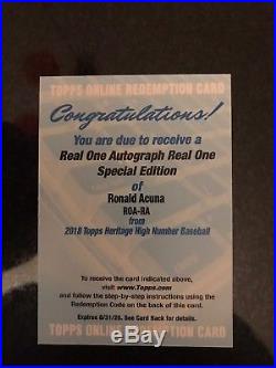 2018 Topps Heritage High Number Real One Ronald Acuna Auto Redemption Red Ink
