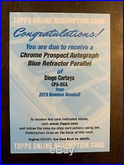 2019 Bowman Chrome Diego Cartaya Blue Refractor Parallel Autograph Redemption