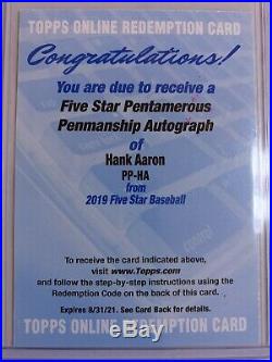 2019 Topps Five Star 5 Signature Hank Aaron Auto /20 or less Redemption FS-HA