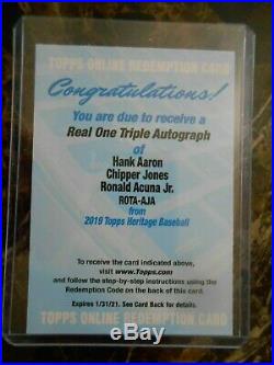 2019 Topps Heritage Real One Triple Auto Redemption Card Aaron, Chipper, Acuna Jr