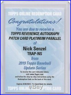 2019 Topps Update Nick Senzel Reverence Platinum Patch Auto Redemption Card 1/1