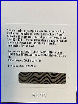 2021-22 SP Game Used COLE CAUFIELD Draft Day Marks Auto Redemption /35