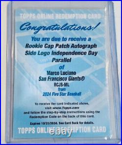 2024 Topps Rookie Cap Patch Auto Side Logo Independance Day Marco Luciano 1/1