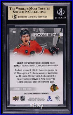 Connor Bedard BGS 9.5 2023-24 Upper Deck Game Dated Moments Gisto /1199 POP 4