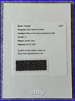 James Cook 2022 Panini Certified Piece Of The Game RC AUTO GOLD Redemption #D/25