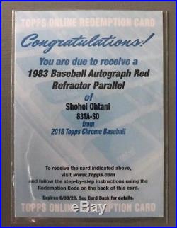 Shohei Ohtani 2018 Topps Chrome 83 Red Refractor Auto /5 Unused Redemption